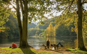 a group of people sitting on a bench by a lake at Modern villa med spa och pool in Skäralid