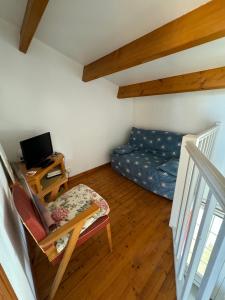 a living room with a couch and a desk with a television at Les aigrettes in Saint-Pierre-dʼOléron