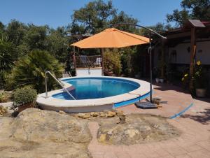 a swimming pool with an umbrella and an umbrella at Casa Yuxiao rincón de tranquilidad in Cádiz