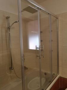 a shower with a glass door in a bathroom at Vila Magnolia in Vilanija +18 photos