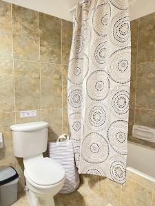 a bathroom with a toilet and a shower curtain at Apartments with a luxurious location near the sea in Paphos +40 photos