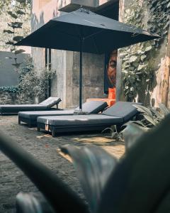 a row of empty beds with an umbrella at Saffron Robes Living in Hikkaduwa