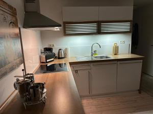 une petite cuisine avec un évier et un micro-ondes dans l'établissement Ferienwohnung Harz #4, Pool, Sauna, WLAN, à Braunlage