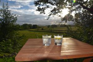 two glasses of water sitting on a wooden table at Applegarth House in Lockerbie