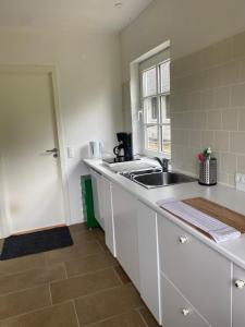 a kitchen with a sink and a counter top at Countryside home 300m to the Fishing river Lille Ø in Langå