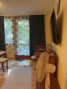 a living room with a chair and a television at Liliom a Strandnál in Balatonfüred
