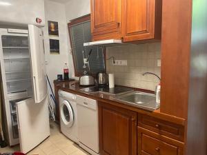 a kitchen with a sink and a washing machine at Liliom a Strandnál in Balatonfüred