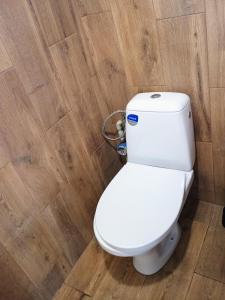 a white toilet in a bathroom with a wooden wall at Chata Borůvka u Máchova jezera - free PADDLEBOARD in Doksy +7 photos