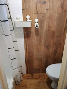 a bathroom with a toilet and a wooden wall at Chata Borůvka u Máchova jezera - free PADDLEBOARD in Doksy
