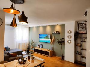 a living room with a couch and a tv on a wall at Riverside LUX Apartment in Pirot