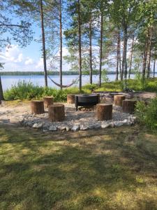 a fire pit with logs and a grill with a lake at Salen Saunamökki in Ranua +28 photos