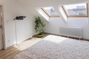 a attic room with a rug and a skylight at Queen Flat in Old Town with Castle view in Bratislava