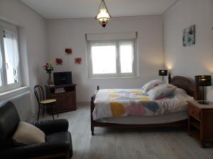 a bedroom with a bed and a couch and windows at Gite le figuier de l'ill in Sélestat