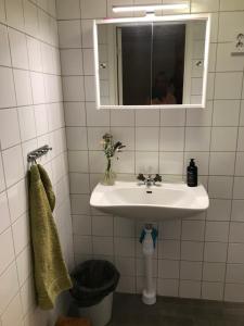 a bathroom with a sink and a mirror at Nösund Guestroom in Nösund