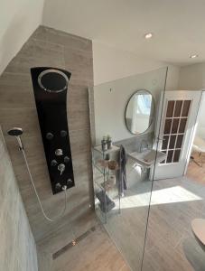 een badkamer met een douche met wastafel en spiegel bij Geräumige Wohnfühloase mit 3 Schlafzimmern in Garbsen