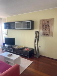 a living room with a couch and a microwave at Apartments Villa Dinka in Opatija