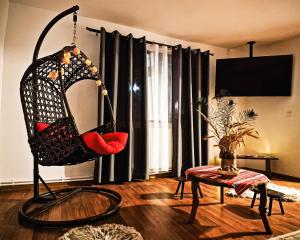 a living room with a swing in a room at Pensiunea Cocoș in Spulber