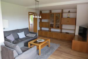 Una sala de estar con un sofá y un televisor. en Ferienhaus Johanna, en Schmalkalden