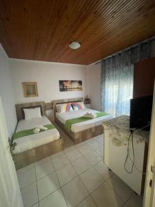 a bedroom with two beds and a television in it at Anastelia Apartments - 1 in Olympiada