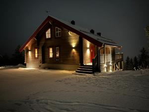 ein Holzhaus im Schnee in der Nacht in der Unterkunft Alpstigen 10B - Newly built sports cottage with lovely views (lower apt) in Järvsö
