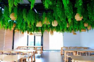 a room with tables and chairs and plants hanging from the ceiling at Indigen Riverside Hotel Cao Bang in Cao Bằng