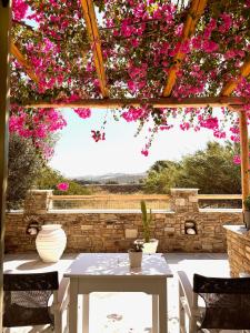 a table and chairs under a pergola with pink flowers at Aegeo Inn in Antiparos