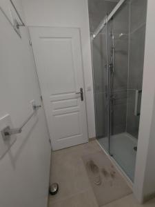 a bathroom with a shower and a glass door at La Gourgotte in Ajac