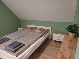 a bed in a room with green walls at KASZUBY Oliwkowy domek Niesiołowice na Kaszubach Balia z Jacuzzi Jeziora lasy in Niesiołowice