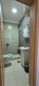 Un baño con lavabo, ducha e inodoro. en Tifany apartments in Skopje, en Skopje