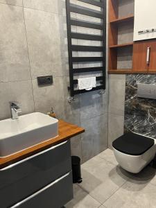 a bathroom with a sink and a toilet at Apartament ZIELONY TARAS in Kielce