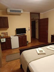 a room with a bed and a television and a kitchen at Villa Roselina By Beatrix in Budva