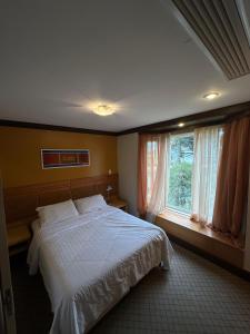 a bedroom with a white bed and a window at Flat Luxo Mountain Village in Canela