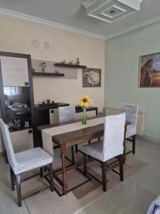 une table à manger avec des chaises et un vase de fleurs dans l'établissement Marija Apartment br 1, à Bitola