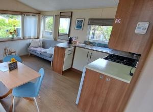 a kitchen and living room with a table and a dining room at Nessy's Place (sta caravan) in Oude Willem