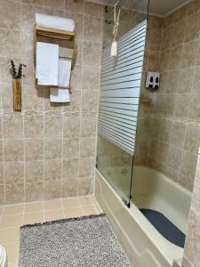 a bathroom with a tub and a shower with a glass door at Apartamento l Vista al Mar Albatros BY JU Juan Dolio in Juan Dolio