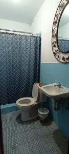 un bagno con un water, un lavandino e uno specchio di Hotel San Sebastián a Antigua Guatemala
