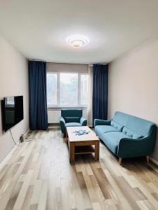 ウランバートルにあるDowntown apartmentの青いソファとテーブルのあるリビングルーム