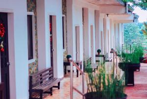 einen Flur eines Gebäudes mit Bänken und Pflanzen in der Unterkunft RedDoorz at Dream Haven Bed & Breakfast in Valencia