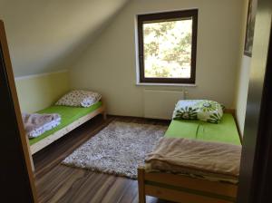 a bedroom with two beds and a window at Drozdowe Gniazdo in Swornegacie 