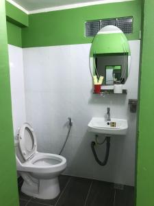 a bathroom with a toilet and a sink and a mirror at Route 76 Guest House in Sen Monorom