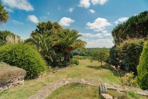 a garden with palm trees and a stone bench at La petite Hautière in Plouër-sur-Rance