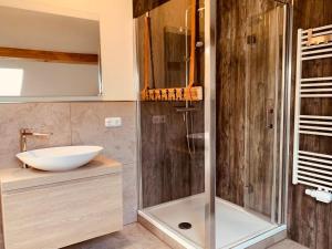 a bathroom with a glass shower and a sink at Chalet Dürrfeld ***** in Viechtach