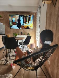 Televízia a/alebo spoločenská miestnosť v ubytovaní Studio Planinski san Divčibare