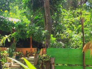 a green bench in the middle of a garden at Jaana Guest in Sigiriya