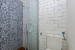 a bathroom with a toilet and a shower with blue and white tiles at Castle hill garden studio in Budapest