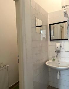 un bagno bianco con lavandino e specchio di Spacious bungalow with parking a Bratislava