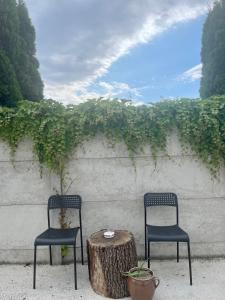 due sedie e un ceppo d'albero accanto a un muro di Spacious bungalow with parking a Bratislava Altre 10 foto