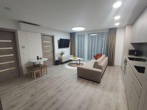 een grote woonkamer met een bank en een keuken bij Kaunas Castle Apartment in Kaunas