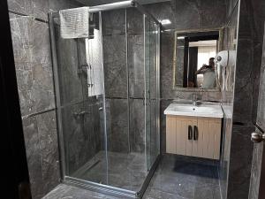 安卡拉Başkent HOTEL的浴室配有淋浴和洗手池