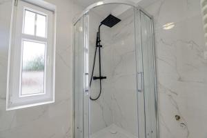 a bathroom with a shower with a shower head at 1B Neu renoviert 3 Zi Whg 5 Betten 43,29qm in Schwedt +11 photos